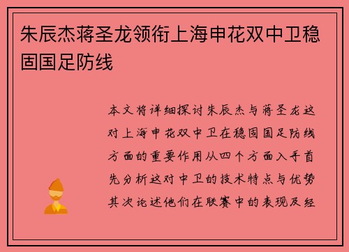 朱辰杰蒋圣龙领衔上海申花双中卫稳固国足防线
